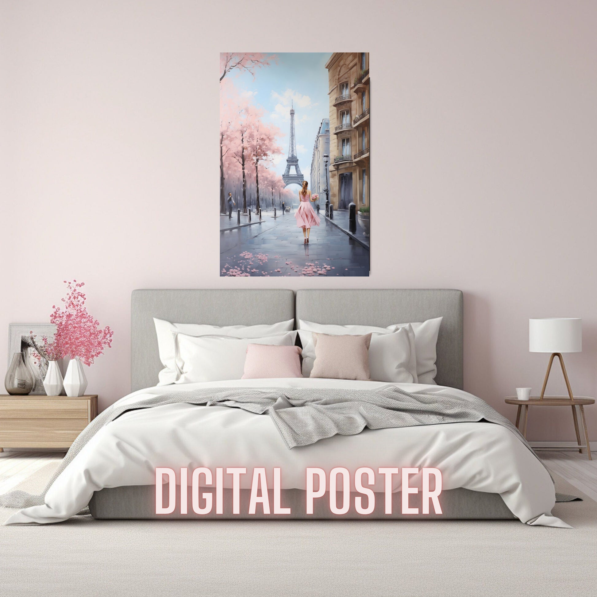 Pretty in Pink in Paris Digital Wall Art_Bedroom Mockup