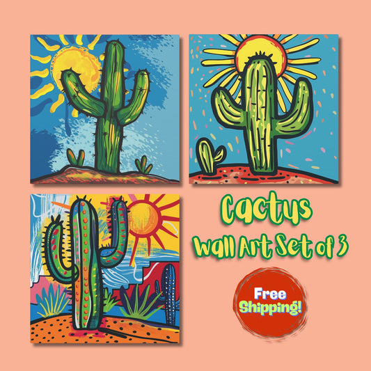 Whimsical Cactus Canvas Wall Art - Set of 3