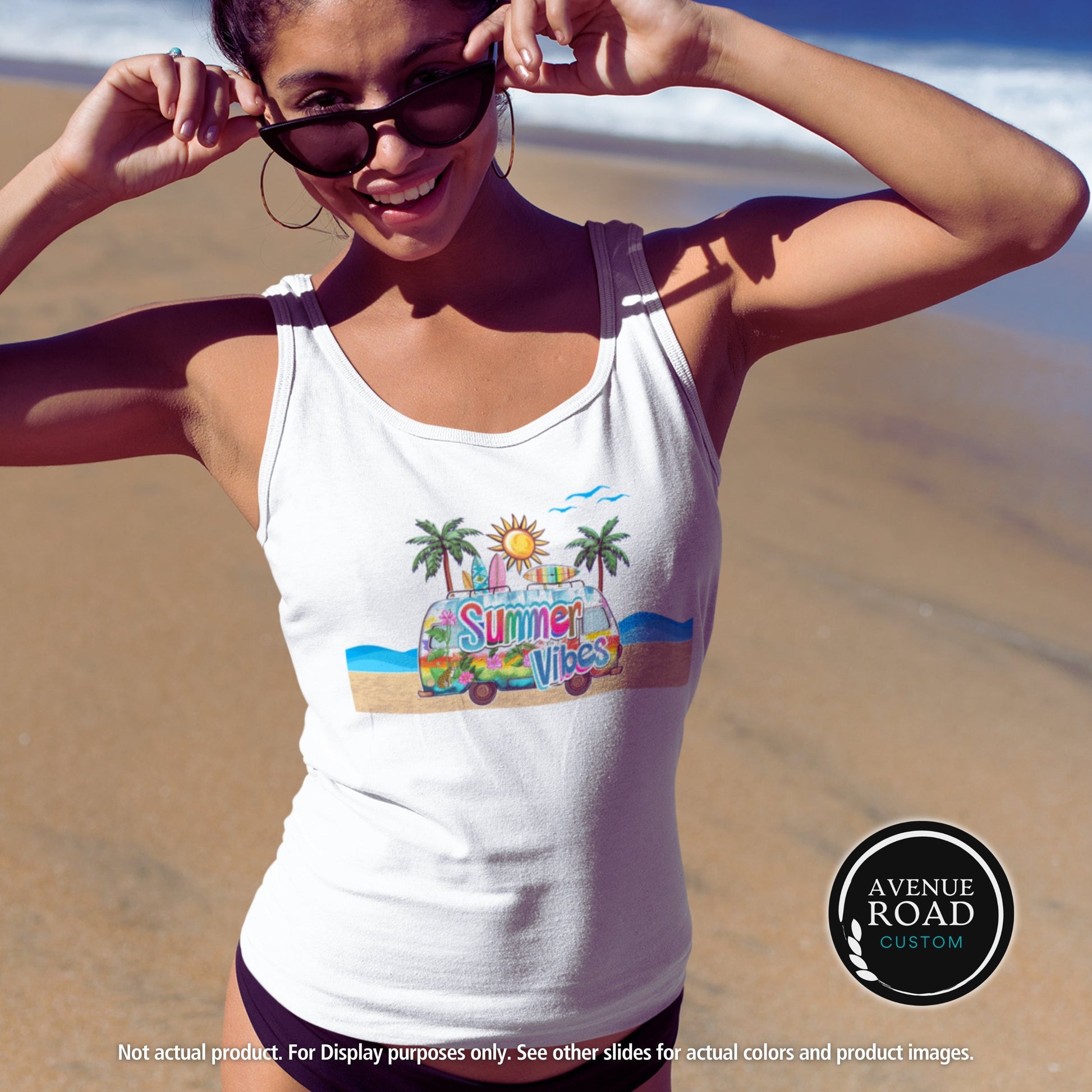 Summer Vibes Beach Tank Top_Girl on beach_White top